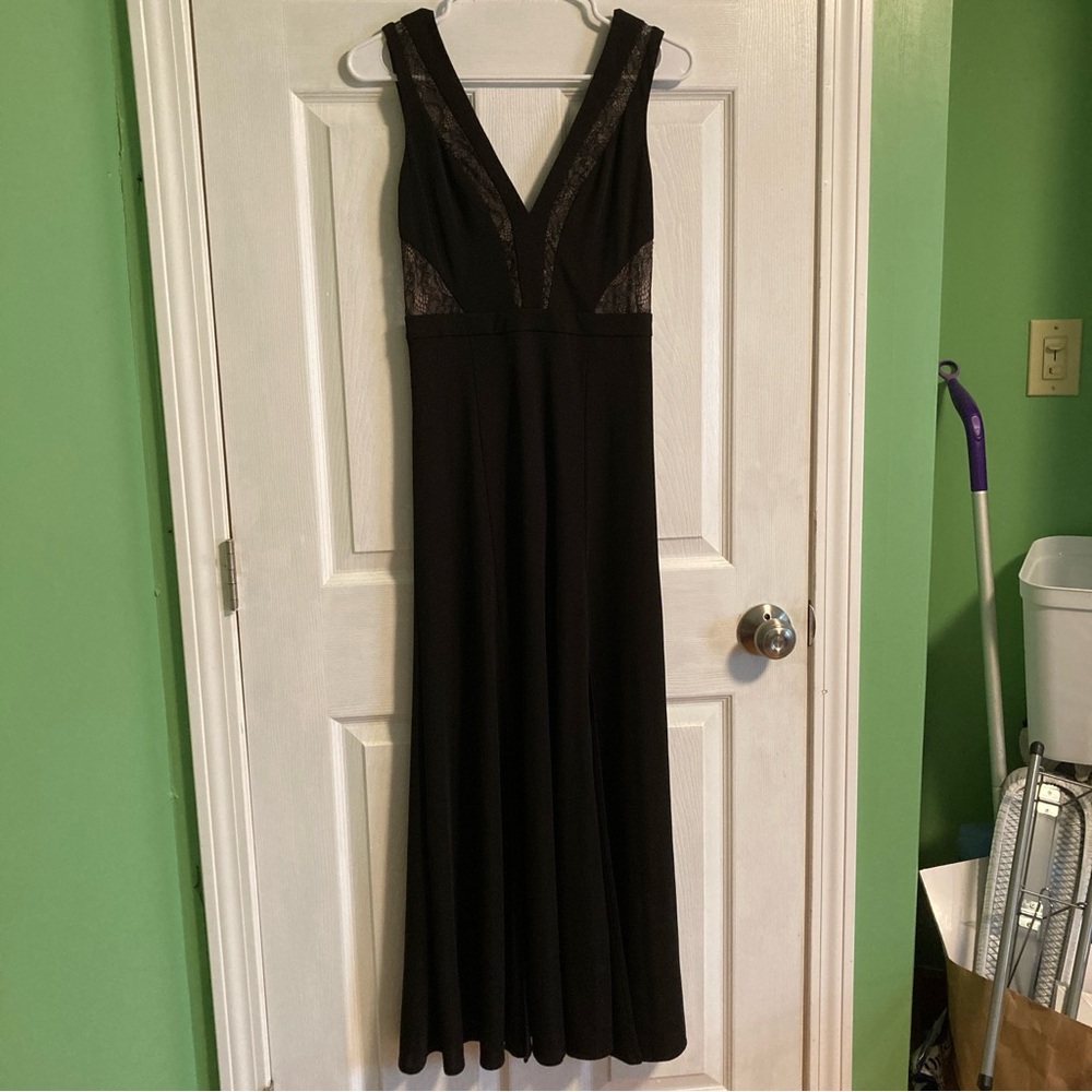 BCBGMAXAZARIA floor length black sleeveless dress lace details and slit size 2